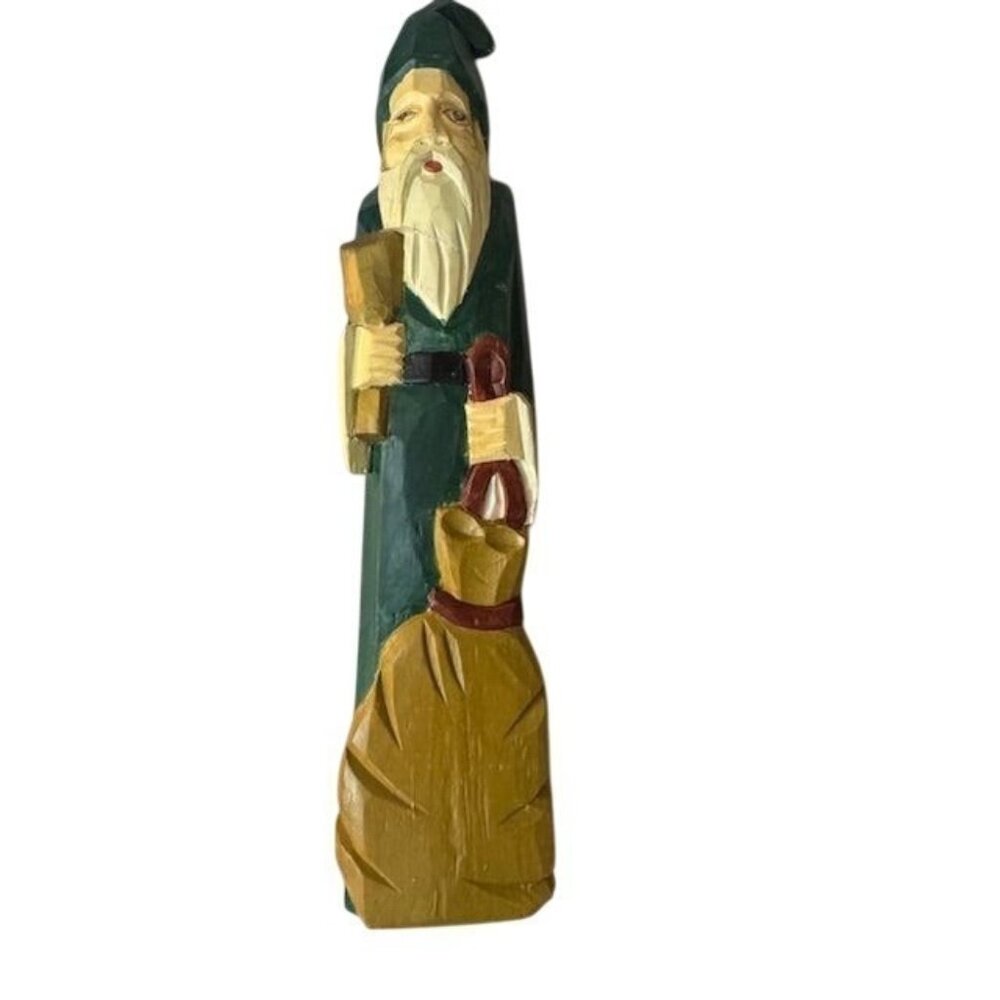 Hand-Carved Wooden Santa Figurine In Green Robe With Gift Bag Christmas Decor